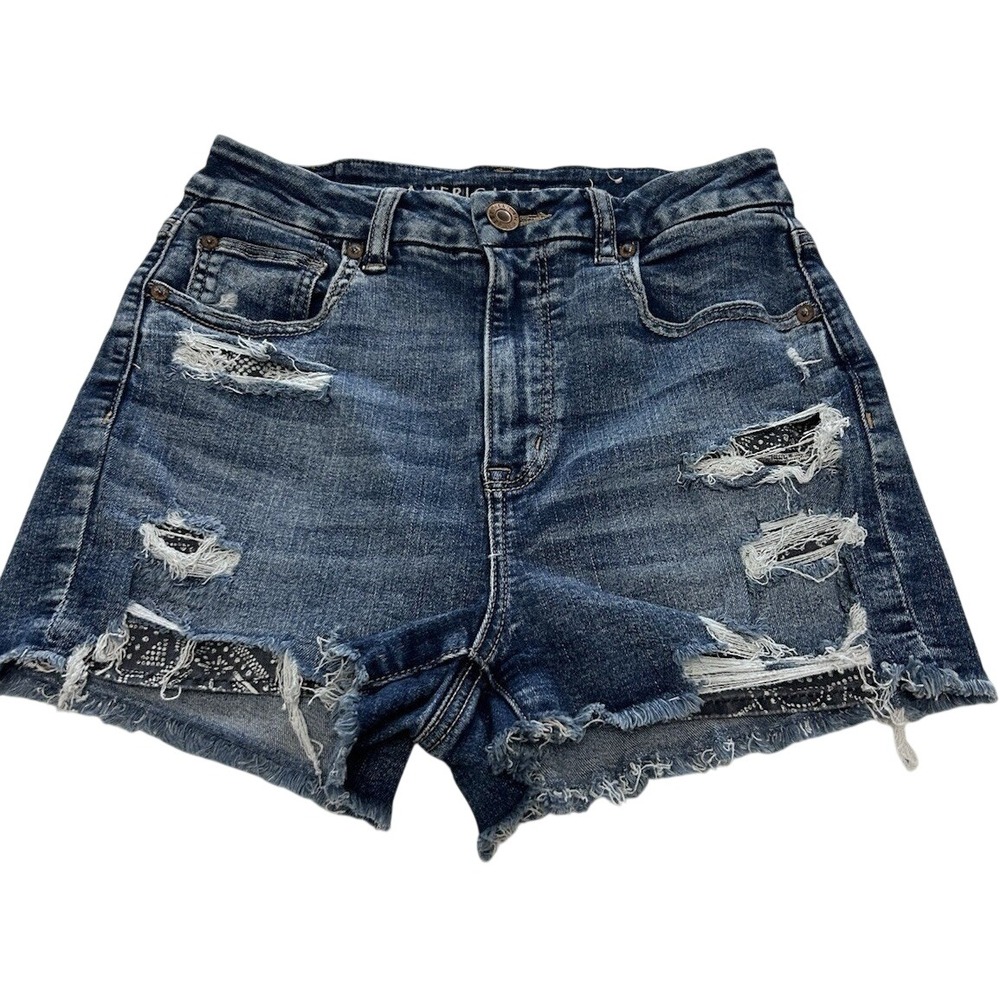 American Eagle Curvy Hi Rise‎ Shortie Cut Off Denim Shorts Blue Size 6